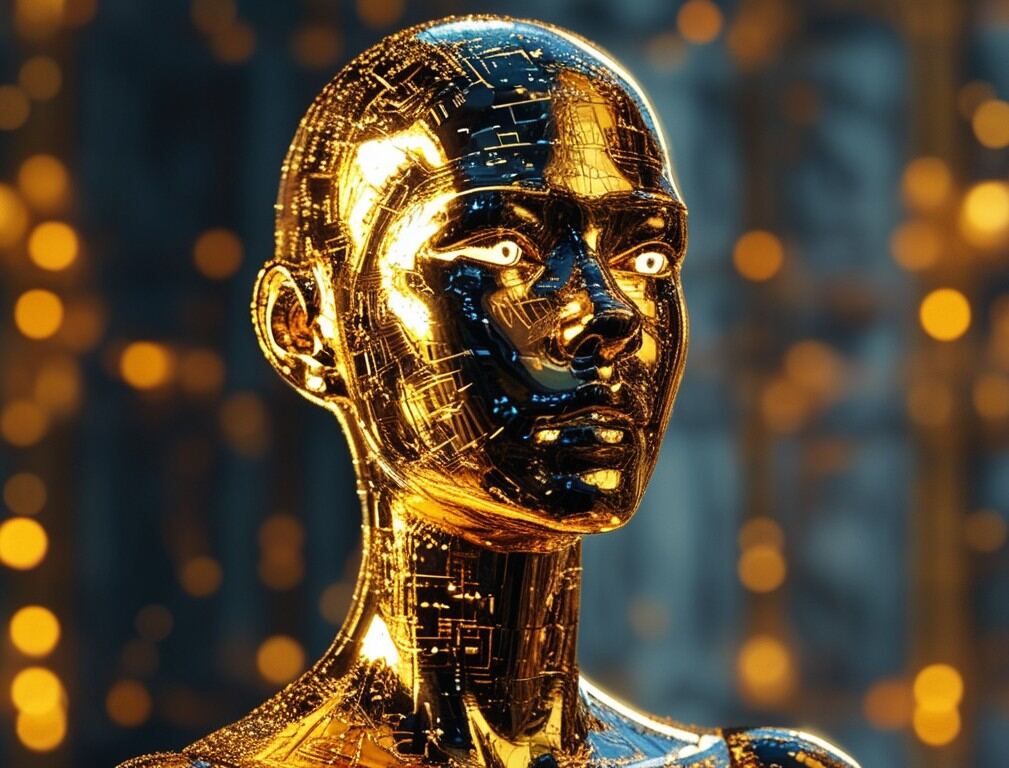 A gold bust suspended in light, representing the digital twin